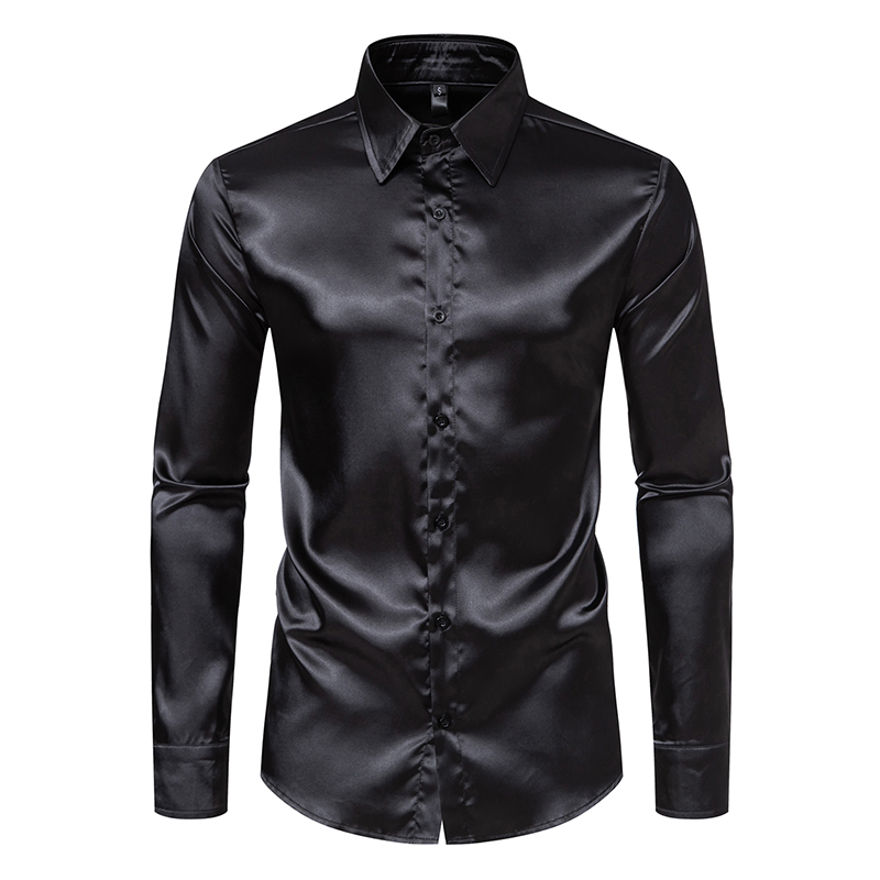 Mens Satin Silk Dress Shirt - قمصان رجالية فاخرة من الساتان الأسود