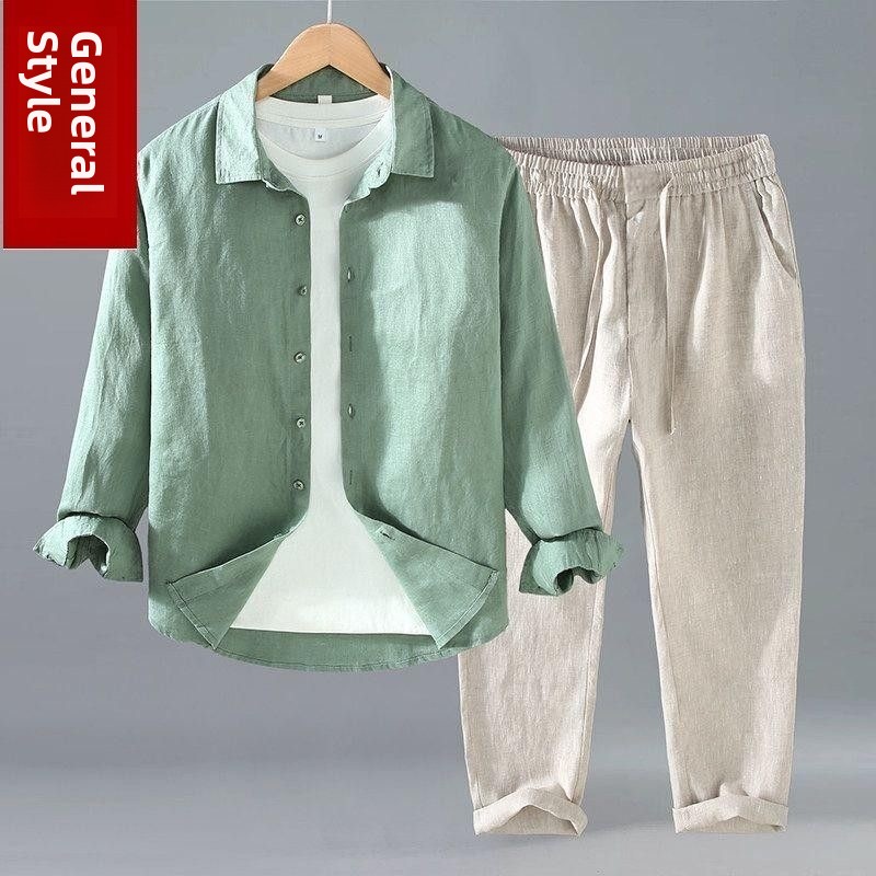 Mens Linen Shirt Long Sleeve - طقم قميص وبنطلون من القطن والكتان