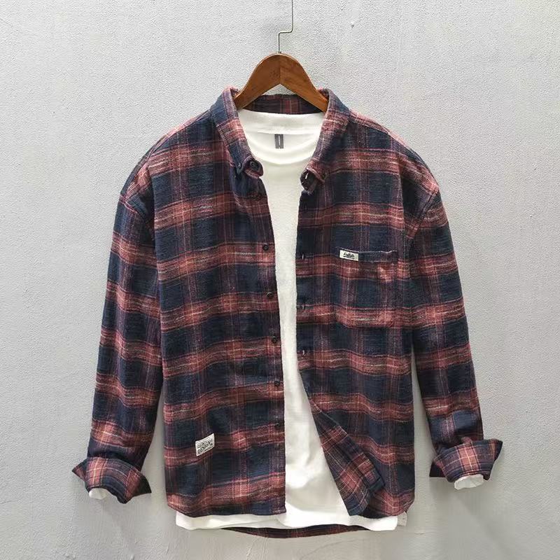 Flannel Plaid Shirt Heavy Weight - قميص كاجوال جديد بنقشة مربعات لربيع/خريف