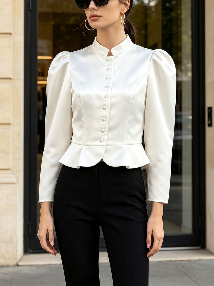 Mandarin Collar Formal Shirt Slim Fit - بلوزة بيبلوم بأكمام طويلة وأكتاف منتفخة