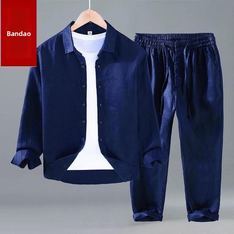 طقم قميص وبنطلون من القطن والك - مراجعة Mens Linen Shirt Long Sleeve وسعره