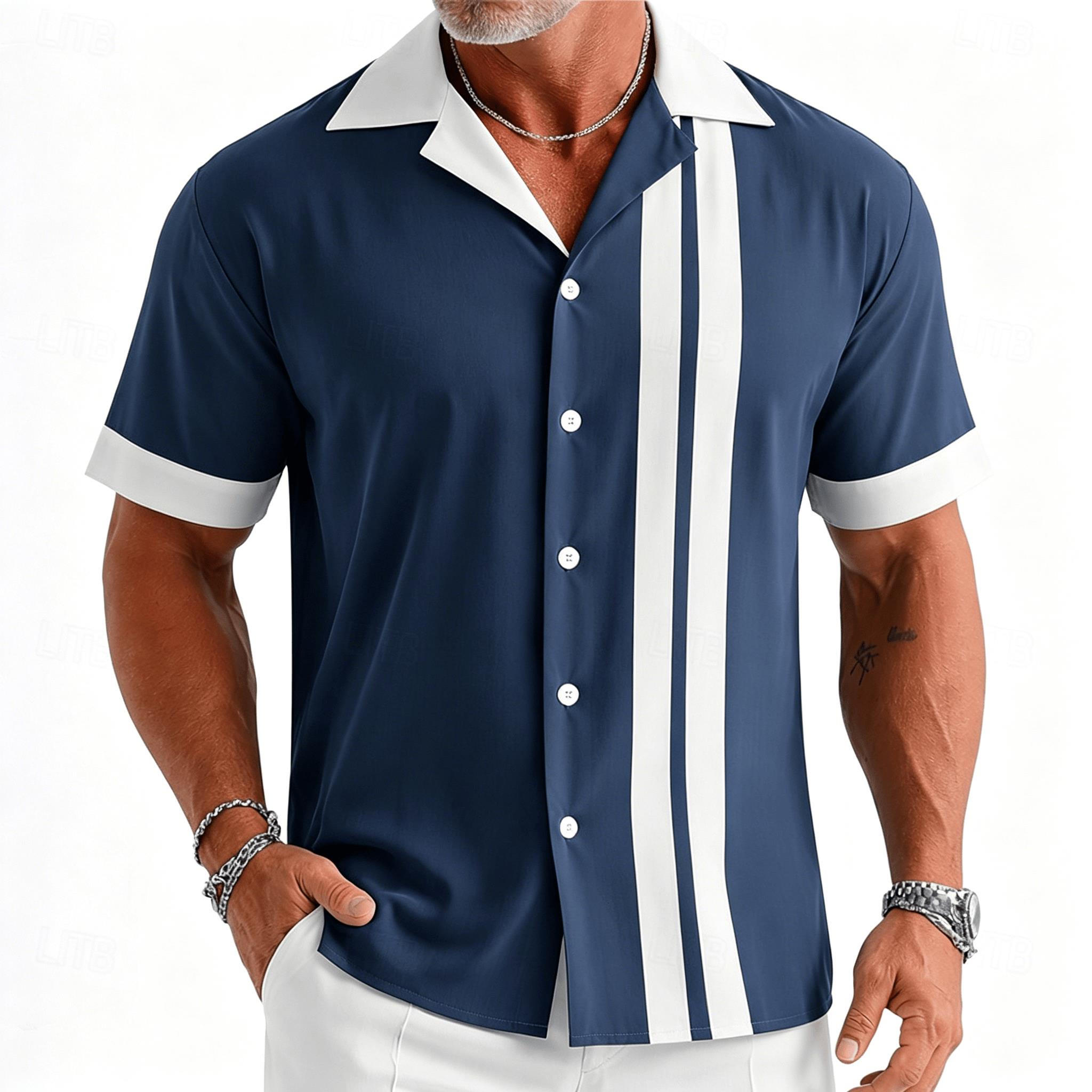 قميص رجالي قصير الأكمام مخطط ب - مراجعة Short Sleeve Bowling Shirt Retro وسعره