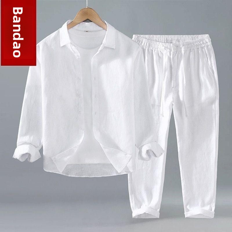 طقم قميص كتان فضفاض بأكمام قصي - مراجعة Mens Linen Shirt Long Sleeve وسعره
